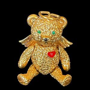 Vintage Batya Angel Heart Teddy Bear Articulated Pendant Brooch Pin Green Eyes